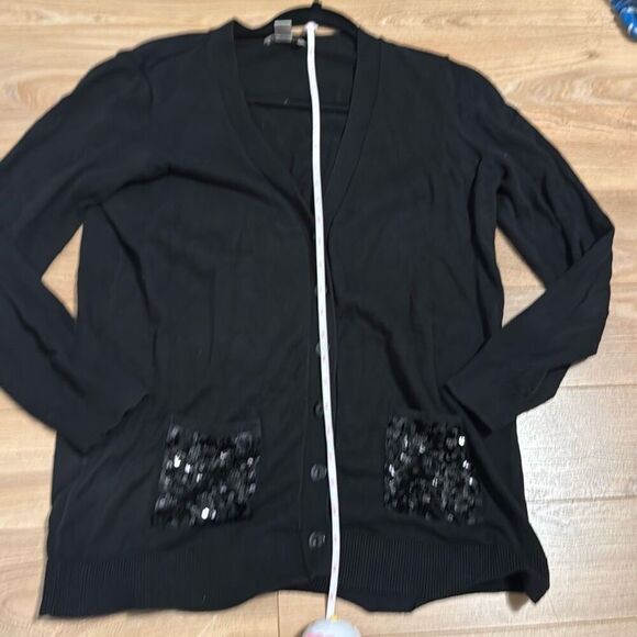 Ann Taylor LOFT sequin pocket cardigan long sleeve large petite black 100% cotto - Picture 7 of 9